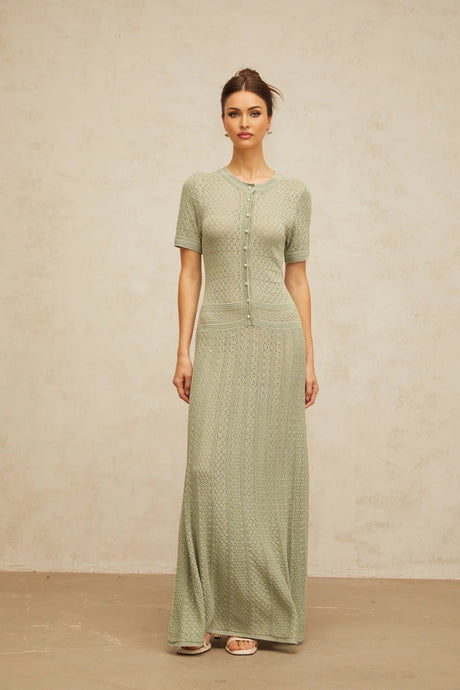 Hunter Maxi Dress Green Crochet - Knit Shirred & Pearl Buttons