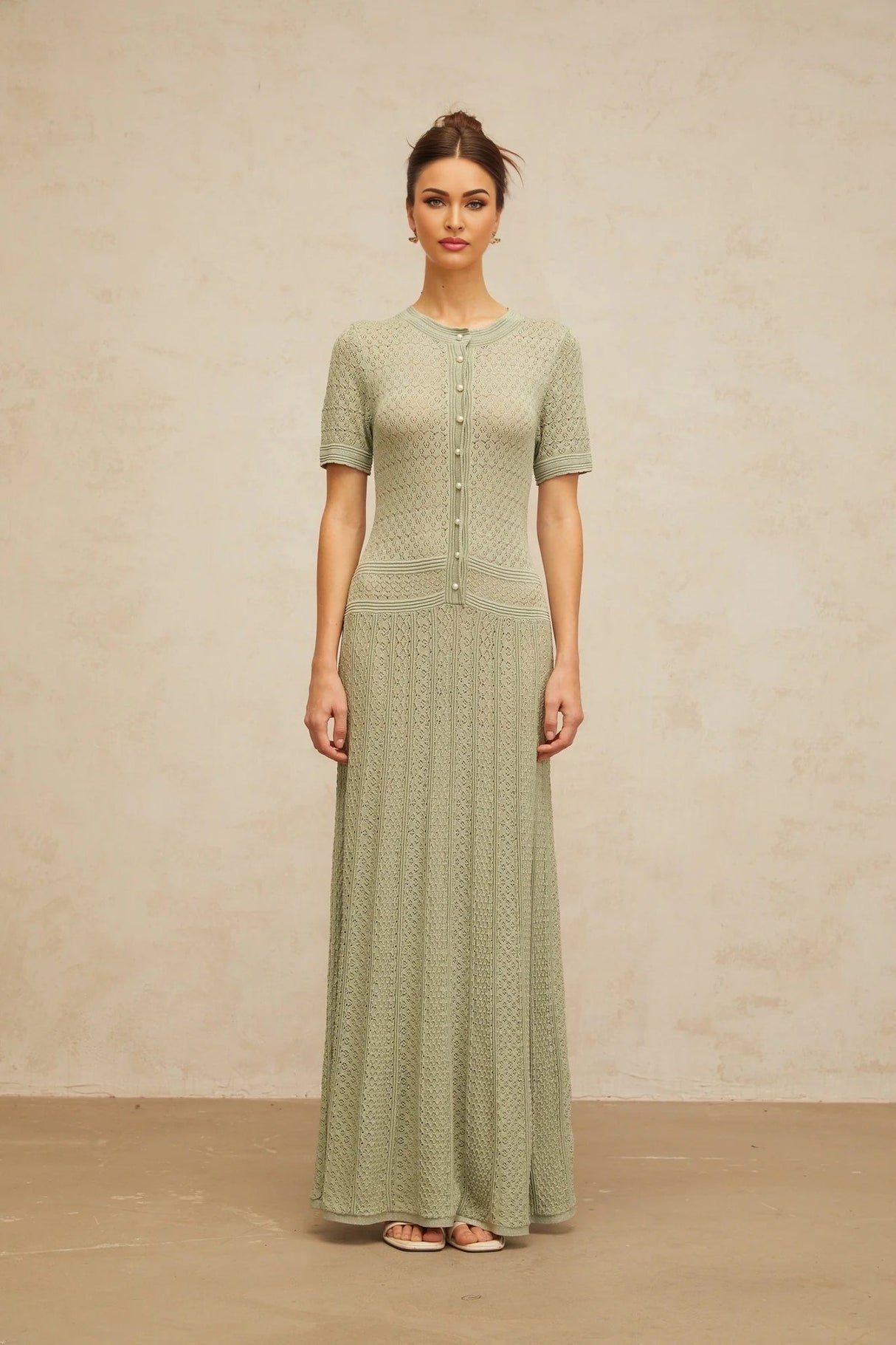 Hunter Maxi Dress Green Crochet - Knit Shirred & Pearl Buttons