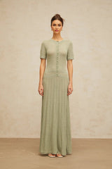 Hunter Maxi Dress Green Crochet - Knit Shirred & Pearl Buttons