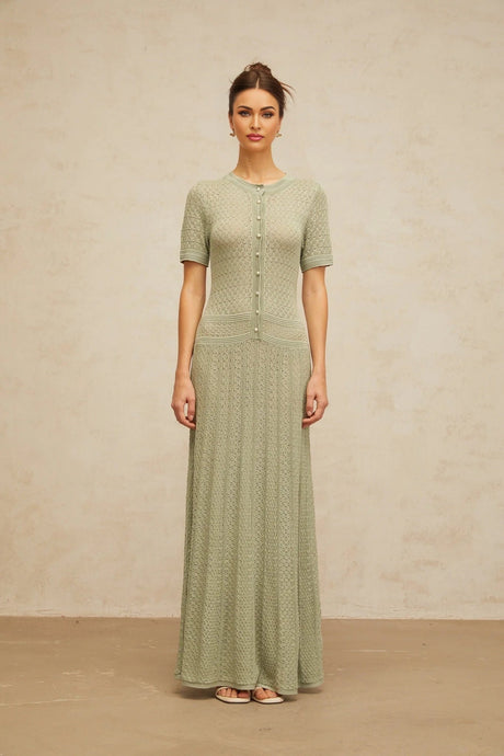 Hunter Maxi Dress Green Crochet - Knit Shirred & Pearl Buttons