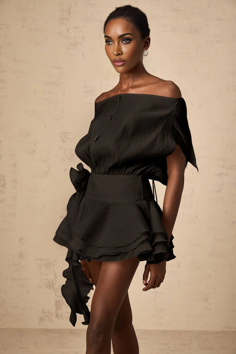Hunter Mini Dress Black Floral Appliqu Flounce Hem Tie - Back