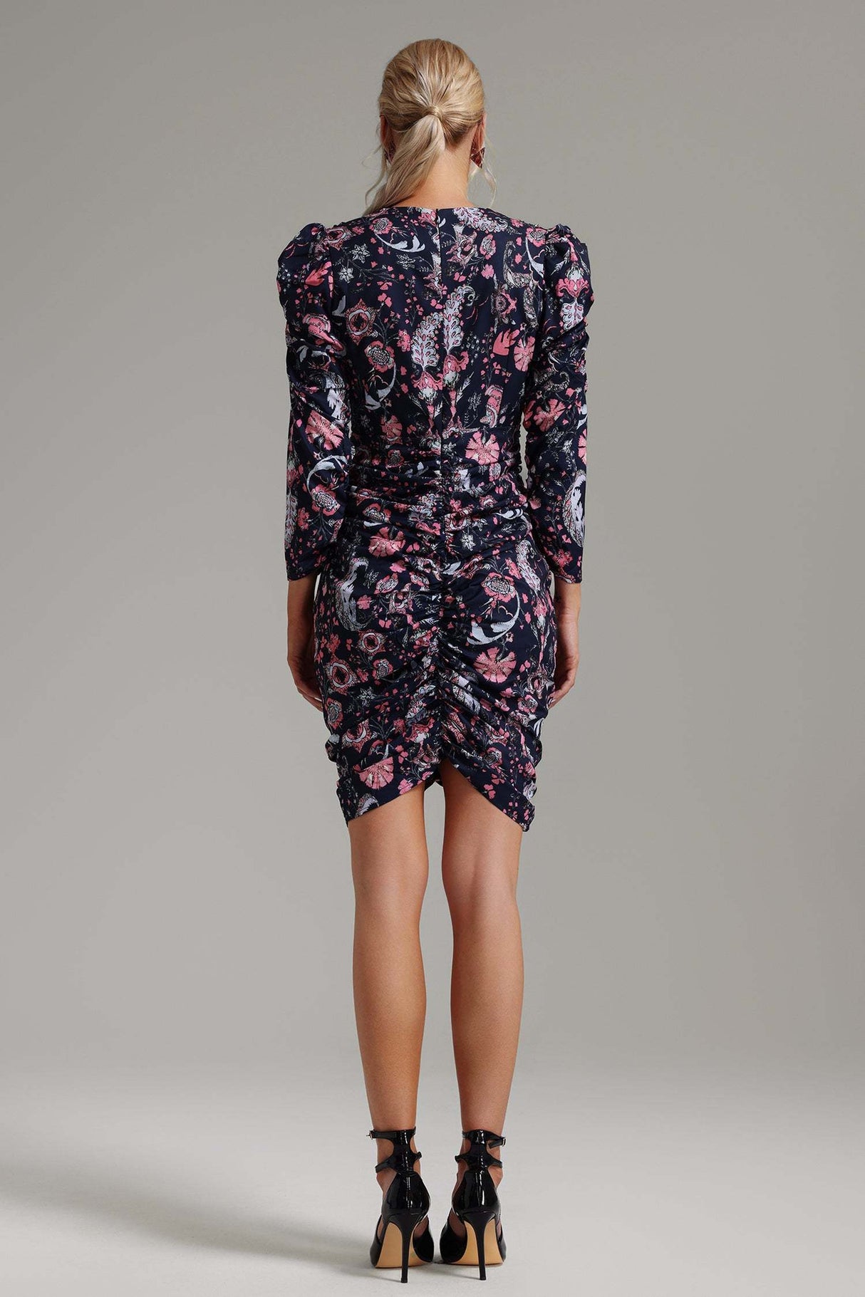 Hunter Navy Paisley Print V-Neck Puffed Sleeves Ruched Mini Dress
