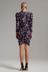 Hunter Navy Paisley Print V-Neck Puffed Sleeves Ruched Mini Dress