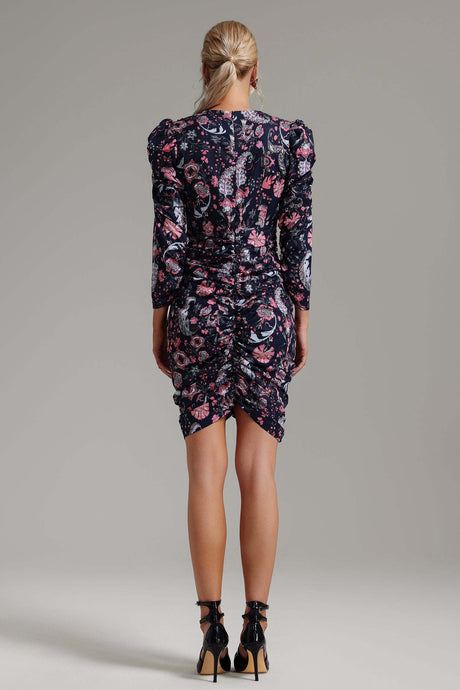 Hunter Navy Paisley Print V-Neck Puffed Sleeves Ruched Mini Dress
