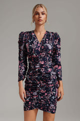 Hunter Navy Paisley Puffed Sleeve Ruched Mini Dress