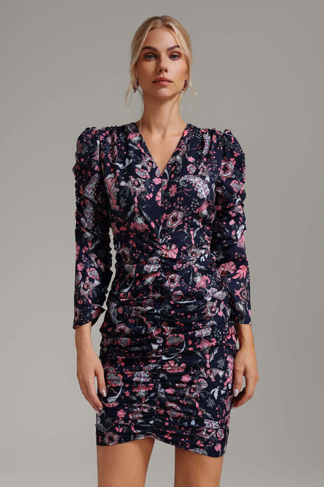 Hunter Navy Paisley Puffed Sleeve Ruched Mini Dress
