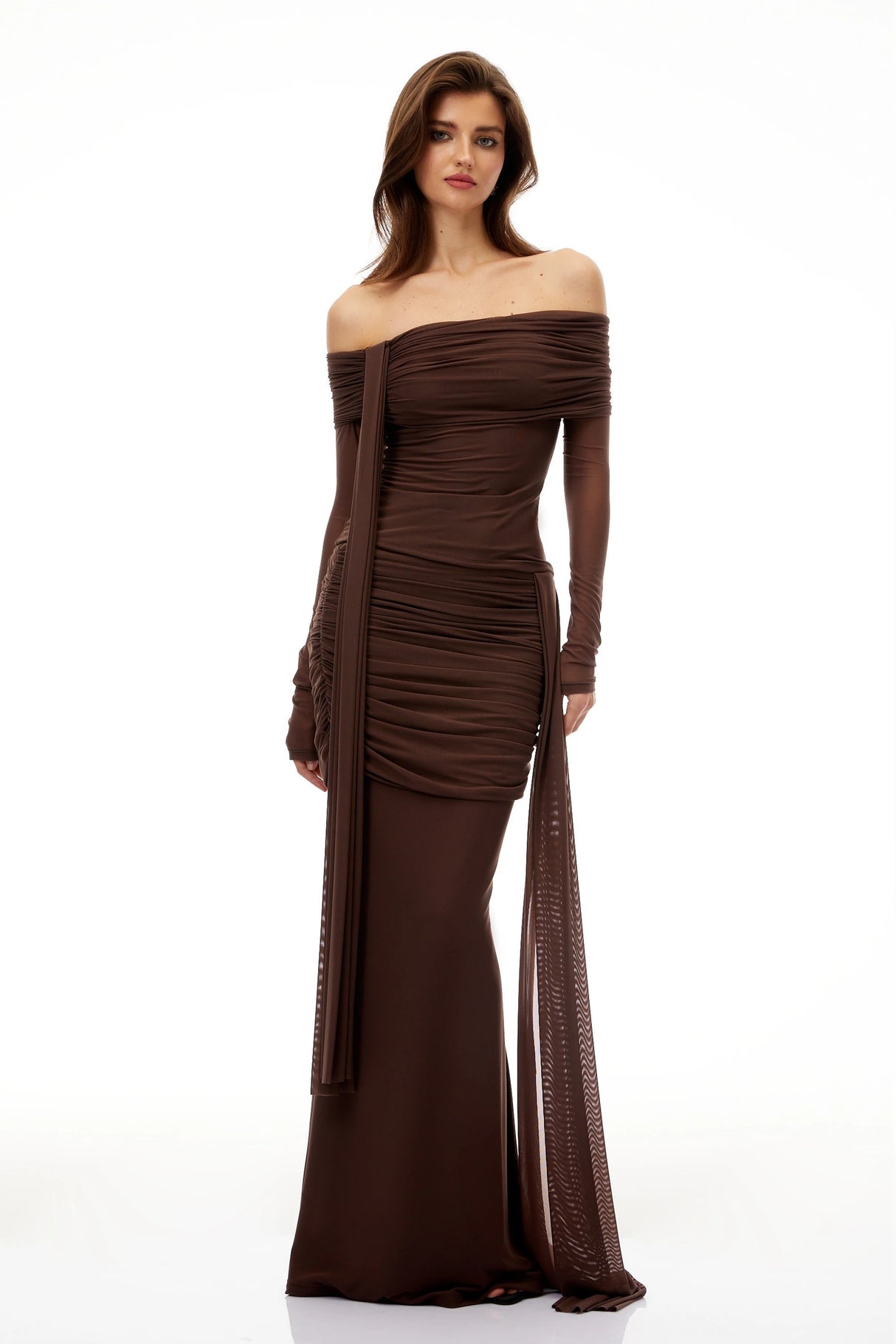 Hyacinthe Brown Asymmetrical Ruched Top  Skirt Set