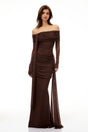 Hyacinthe Brown Asymmetrical Ruched Top  Skirt Set