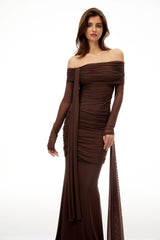 Hyacinthe Brown Asymmetrical Ruched Top  Skirt Set