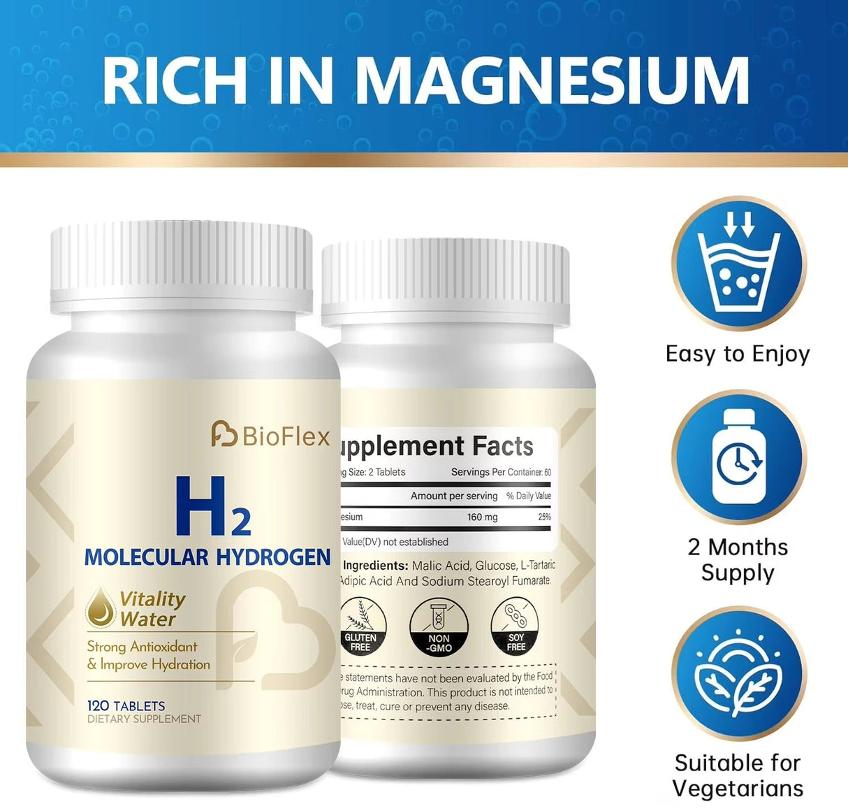 Hydrogen Tablets – 120 Magnesium Tablets for Energy & Antioxidant Support