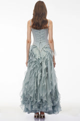 Ianthe Dusty Blue Ruffled Tulle Maxi Dress Without Gloves