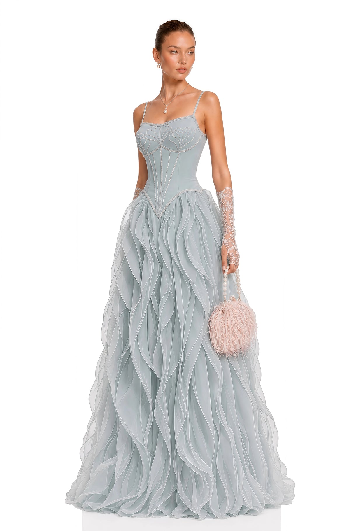 Ianthe Dusty Blue Ruffled Tulle Maxi Dress Without Gloves