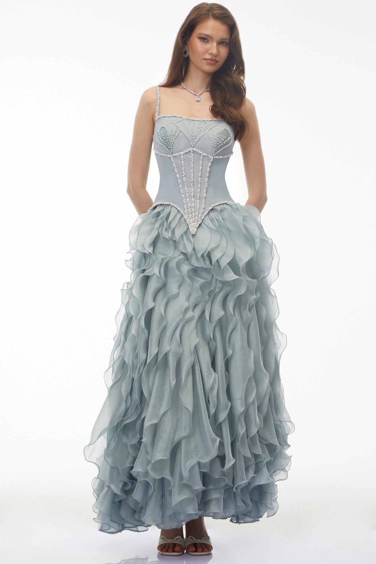 Ianthe Dusty Blue Ruffled Tulle Maxi Dress Without Gloves
