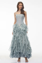Ianthe Dusty Blue Ruffled Tulle Maxi Dress Without Gloves