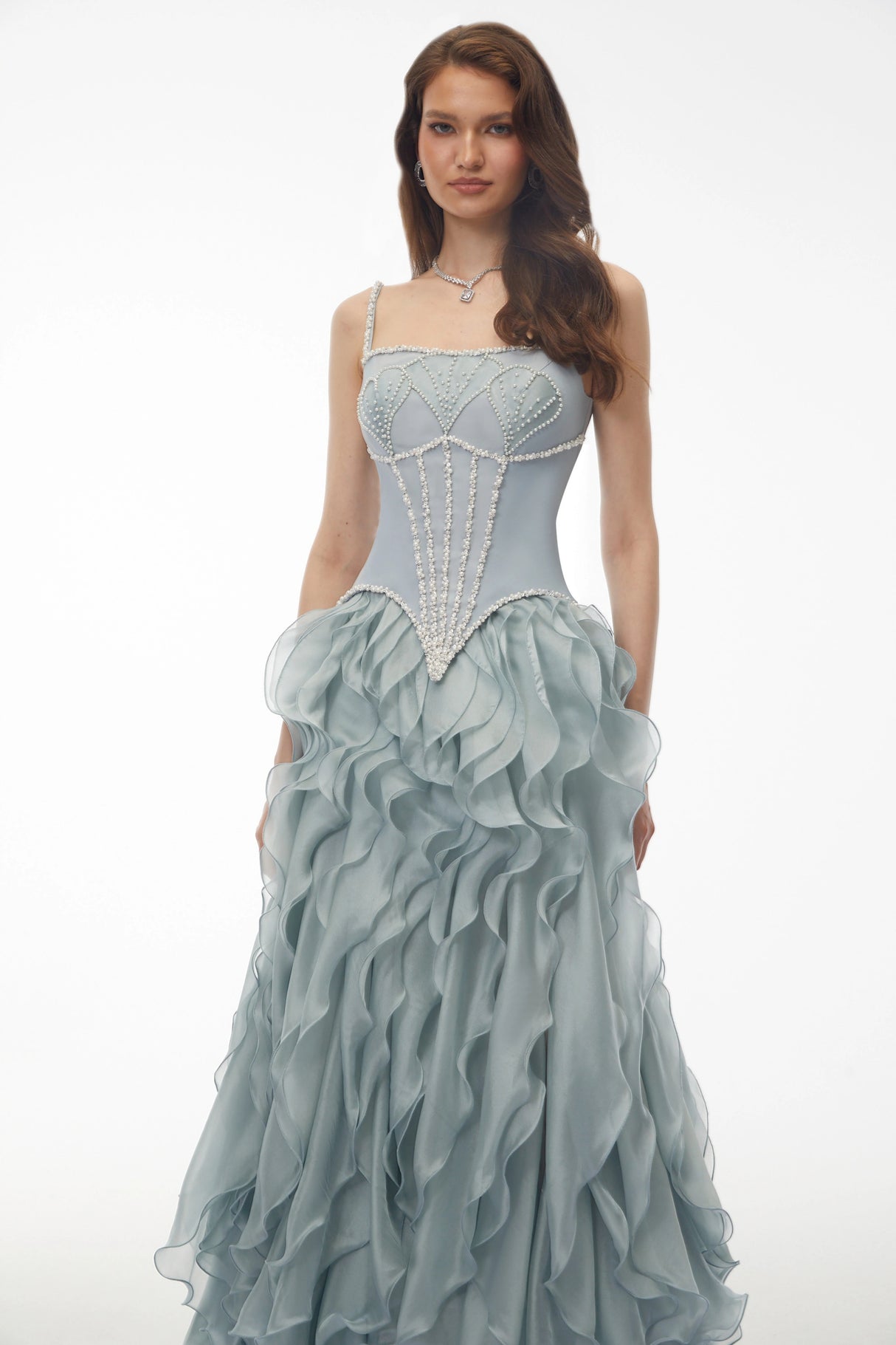 Ianthe Dusty Blue Ruffled Tulle Maxi Dress Without Gloves