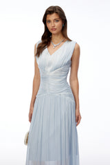 Ichika Light Blue VNeck Ruched Maxi Dress