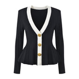 Ida Cardigan - Fitted Peplum Silhouette - Ribbed Texture - Tailored Fit - Chic Elegance - Gold Button Embellishments