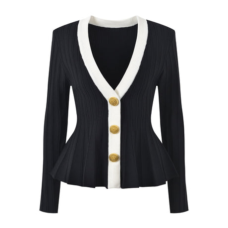 Ida Cardigan - Fitted Peplum Silhouette - Ribbed Texture - Tailored Fit - Chic Elegance - Gold Button Embellishments