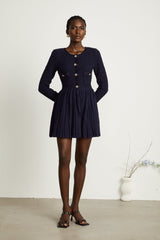 Ida Mini Dress - Round Neck - Long Sleeves - Contrasting Trim - Front Button Fastening