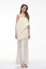 Idalina Ivory White Asymmetrical Mesh Maxi Dress