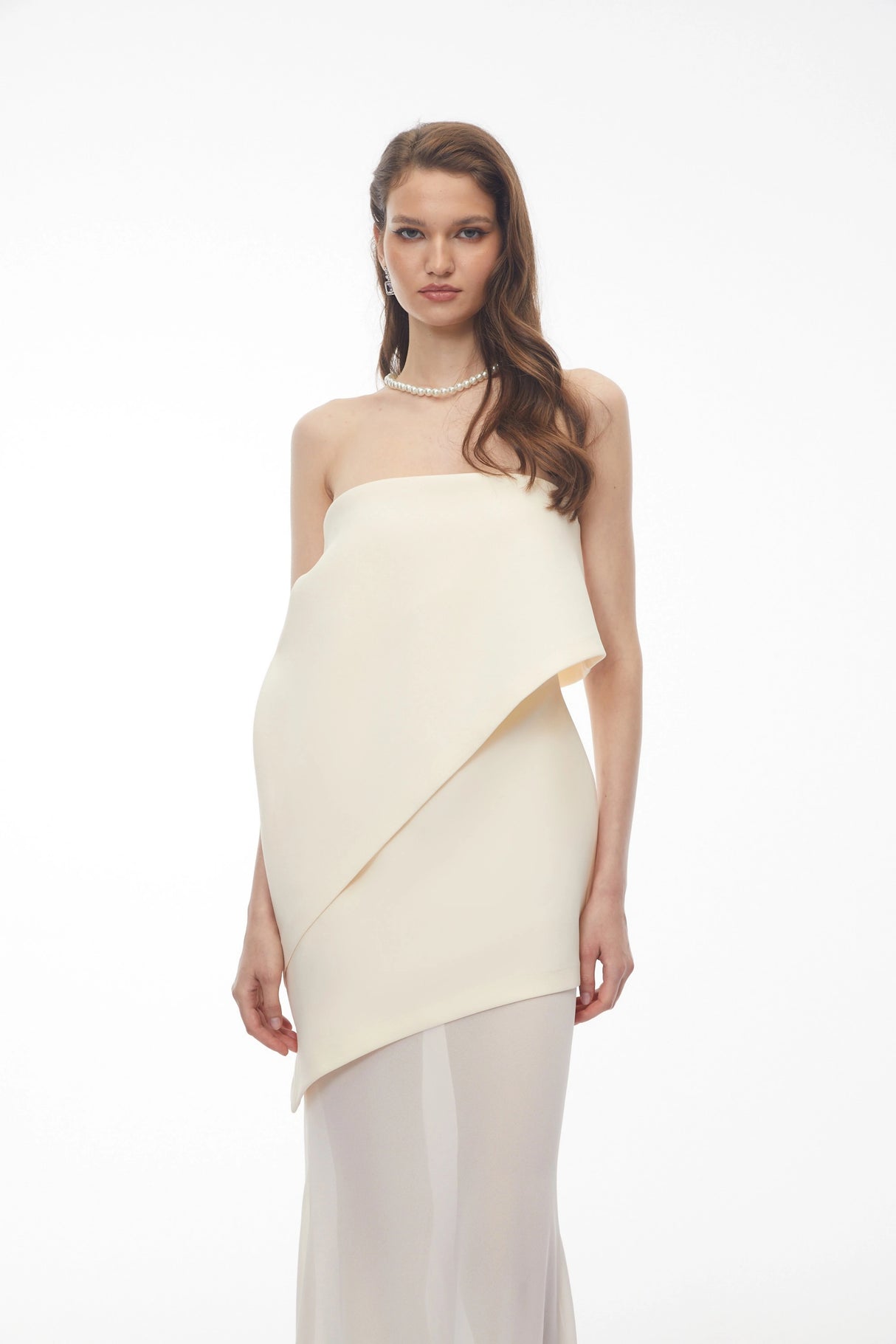 Idalina Ivory White Asymmetrical Mesh Maxi Dress