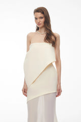 Idalina Ivory White Asymmetrical Mesh Maxi Dress