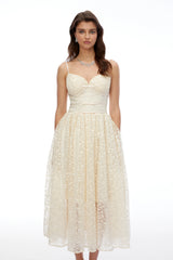 Ihaka Cream Sweetheart Lace Pleated Midi Dress