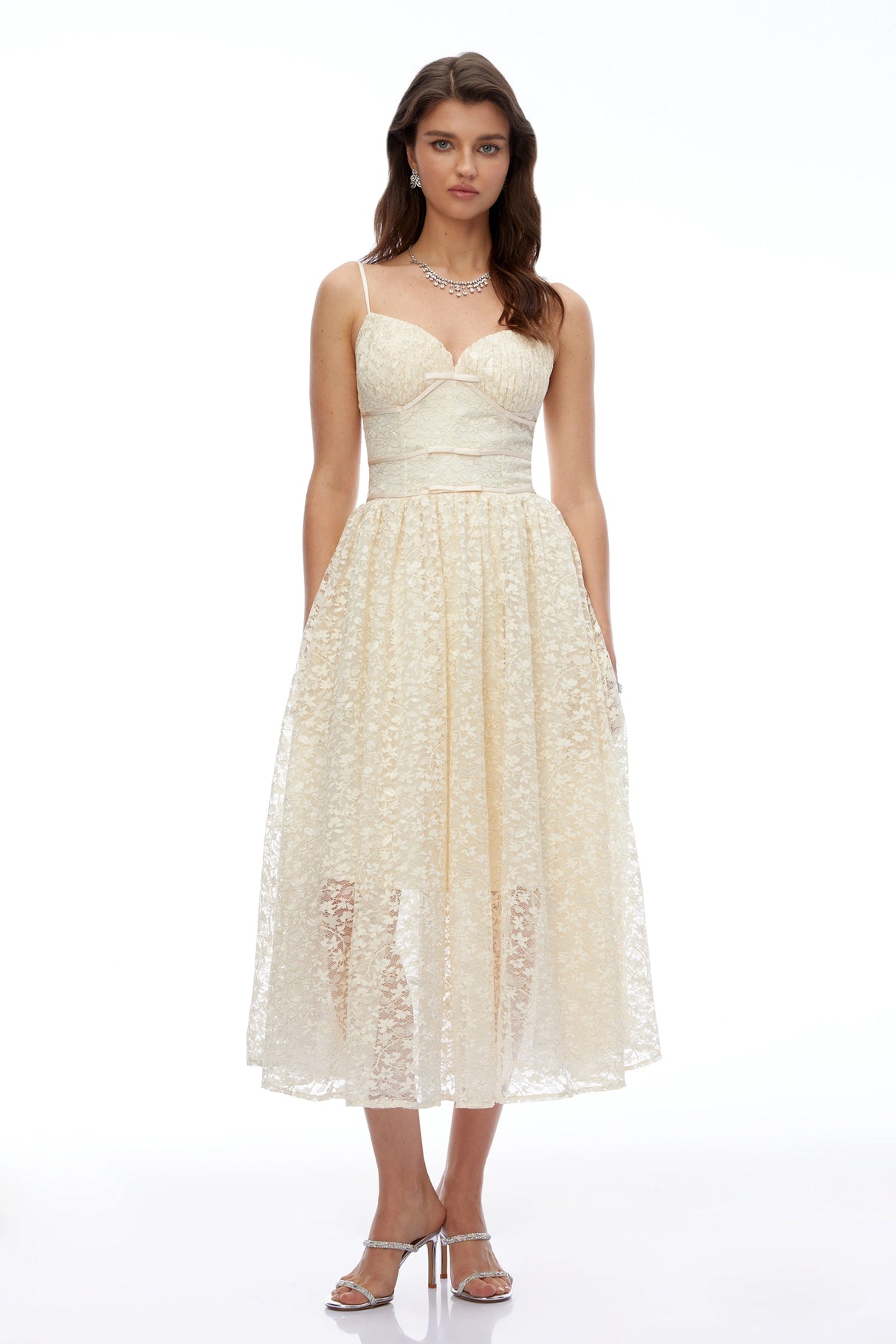 Ihaka Cream Sweetheart Lace Pleated Midi Dress