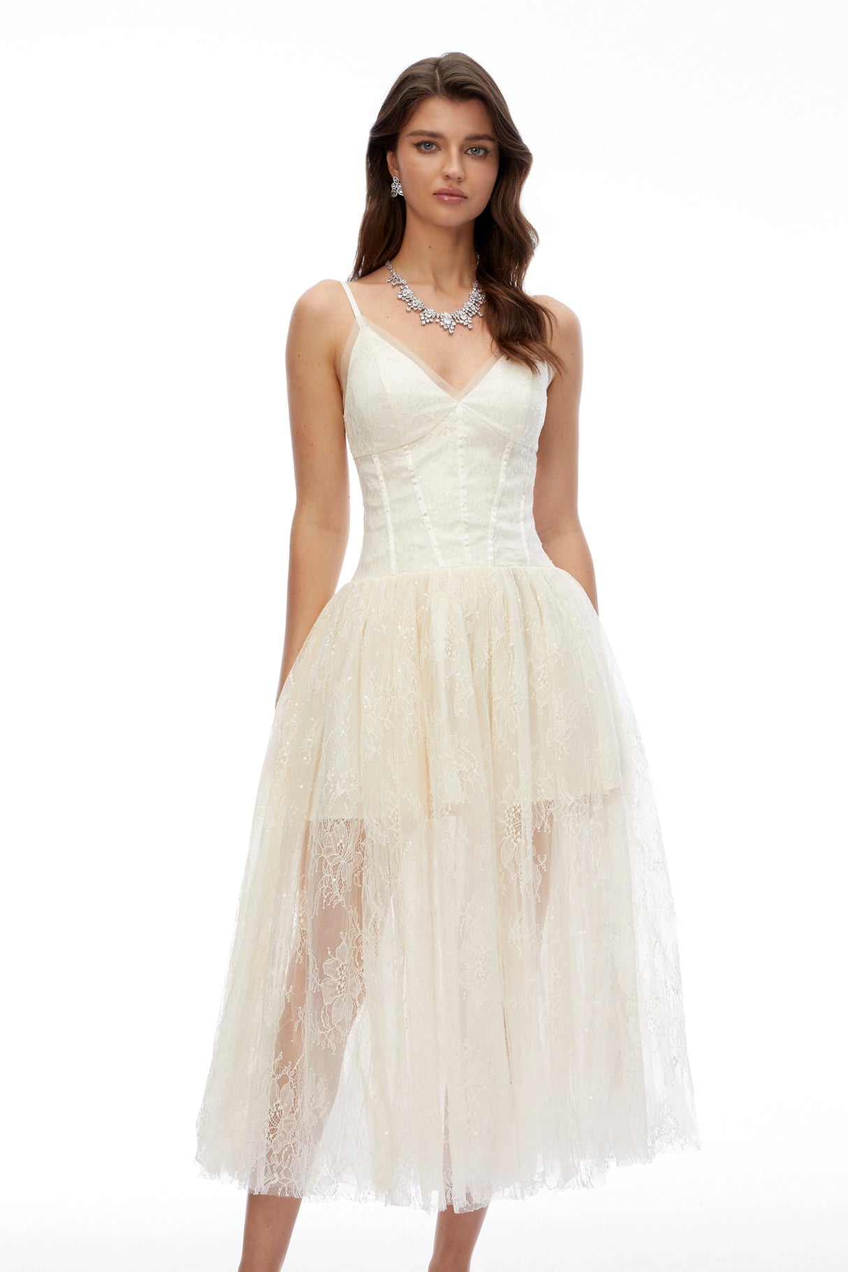 Ikaroa Cream Sweetheart Lace Midi Dress