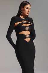 Ilaria Black Hollow Out Bandage Fishtail Dress with Embellishments