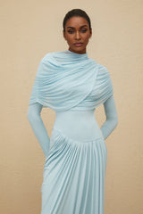Ilaria Maxi Dress - Blue Mesh Shawl - Draped Detail - Pleated Asymmetrical