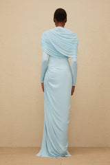 Ilaria Maxi Dress - Blue Mesh Shawl - Draped Detail - Pleated Asymmetrical