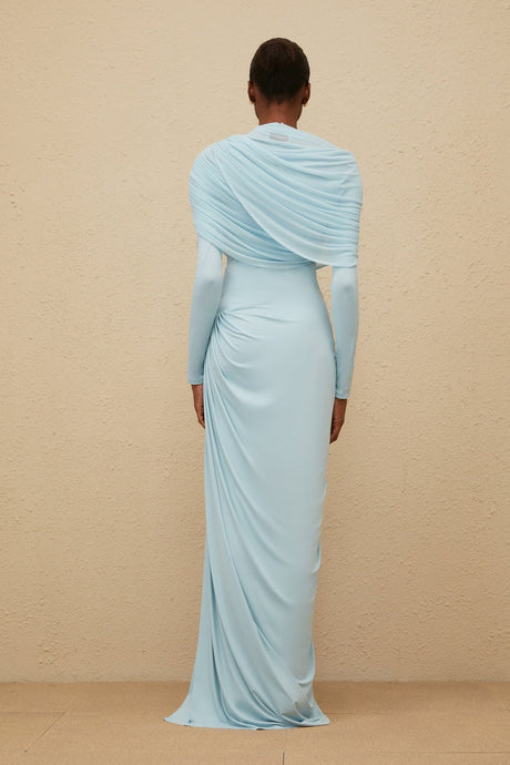 Ilaria Maxi Dress - Blue Mesh Shawl - Draped Detail - Pleated Asymmetrical