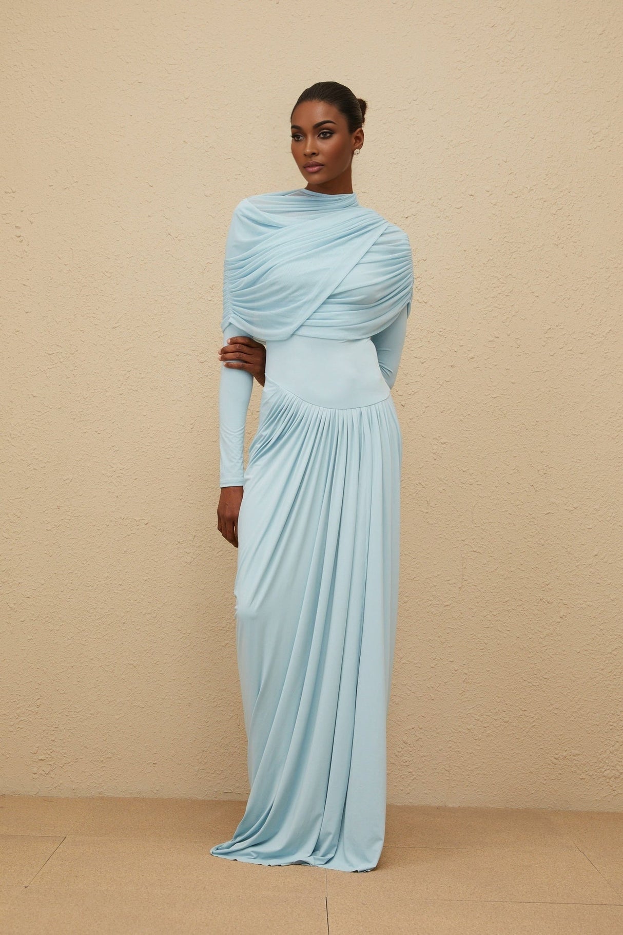 Ilaria Maxi Dress - Blue Mesh Shawl - Draped Detail - Pleated Asymmetrical