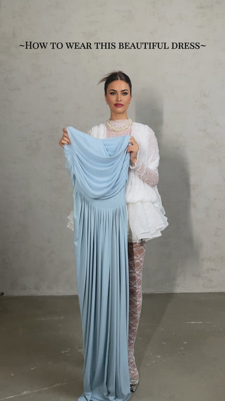 Ilaria Maxi Dress - Blue Mesh Shawl - Draped Detail - Pleated Asymmetrical