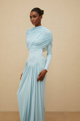 Ilaria Maxi Dress - Blue Mesh Shawl - Draped Detail - Pleated Asymmetrical