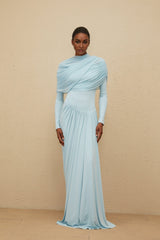 Ilaria Maxi Dress - Blue Mesh Shawl - Draped Detail - Pleated Asymmetrical