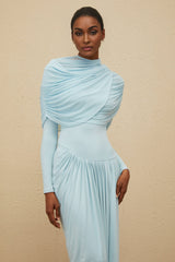 Ilaria Maxi Dress - Blue Mesh Shawl - Draped Detail - Pleated Asymmetrical