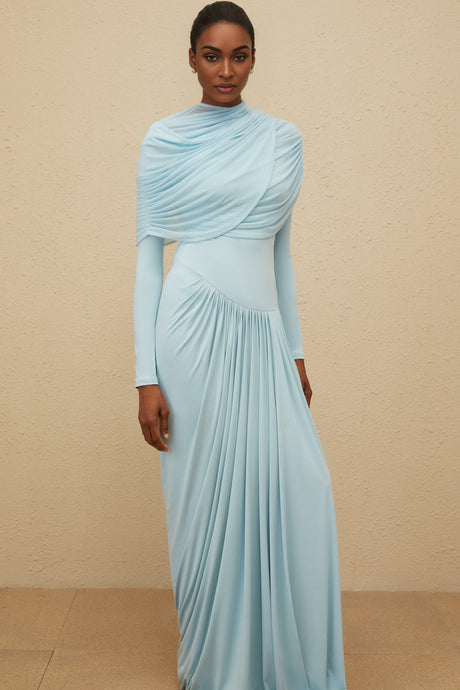 Ilaria Maxi Dress - Blue Mesh Shawl - Draped Detail - Pleated Asymmetrical