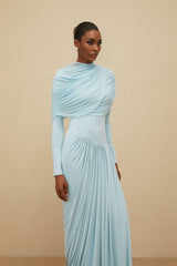 Ilaria Maxi Dress - Blue Mesh Shawl - Draped Detail - Pleated Asymmetrical