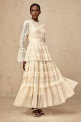 Ilaria Maxi Dress - Floral Lace - Tiered Skirt - Frilled Neck - Flared Cuffs - Layered Design