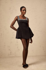 Ilaria Mini Dress - Square Neck - Sleeveless - Pleated Detailing - Crystal Embellishment