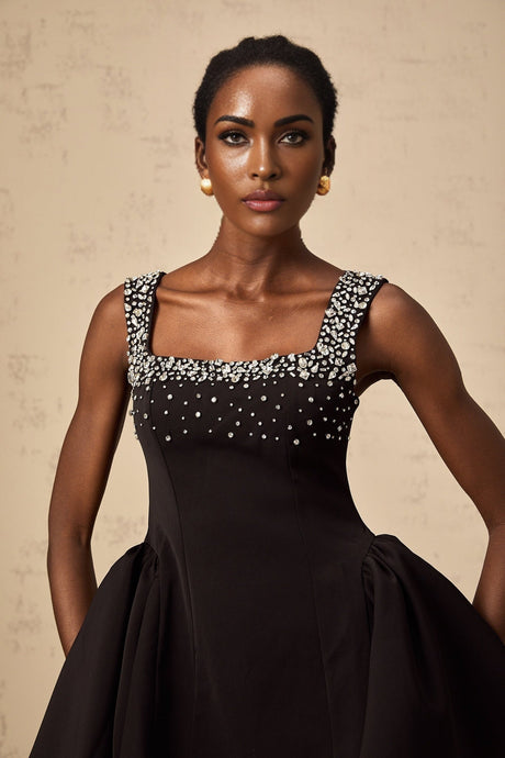 Ilaria Mini Dress - Square Neck - Sleeveless - Pleated Detailing - Crystal Embellishment