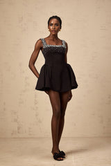 Ilaria Mini Dress - Square Neck - Sleeveless - Pleated Detailing - Crystal Embellishment