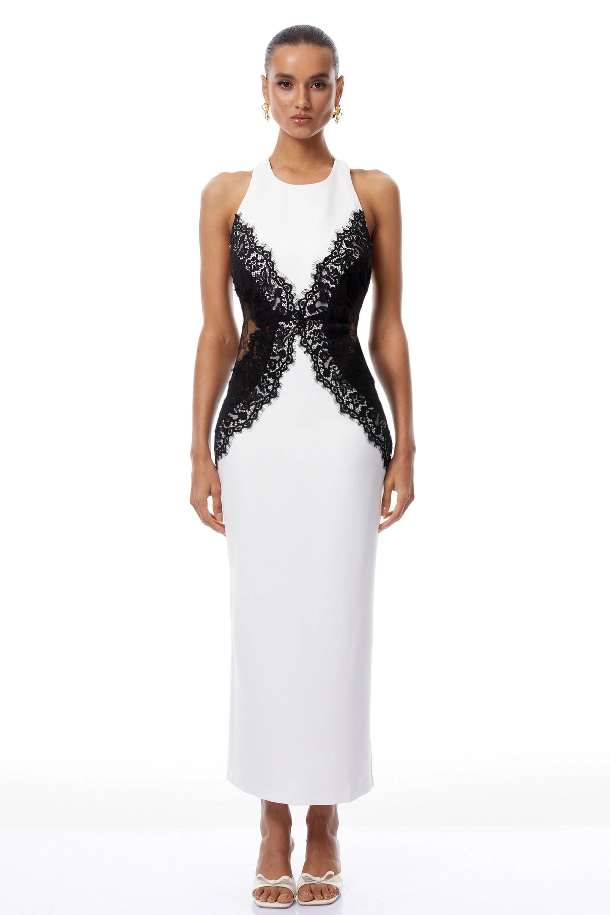 Ilaria White Halterneck Lace Panel Maxi Dress