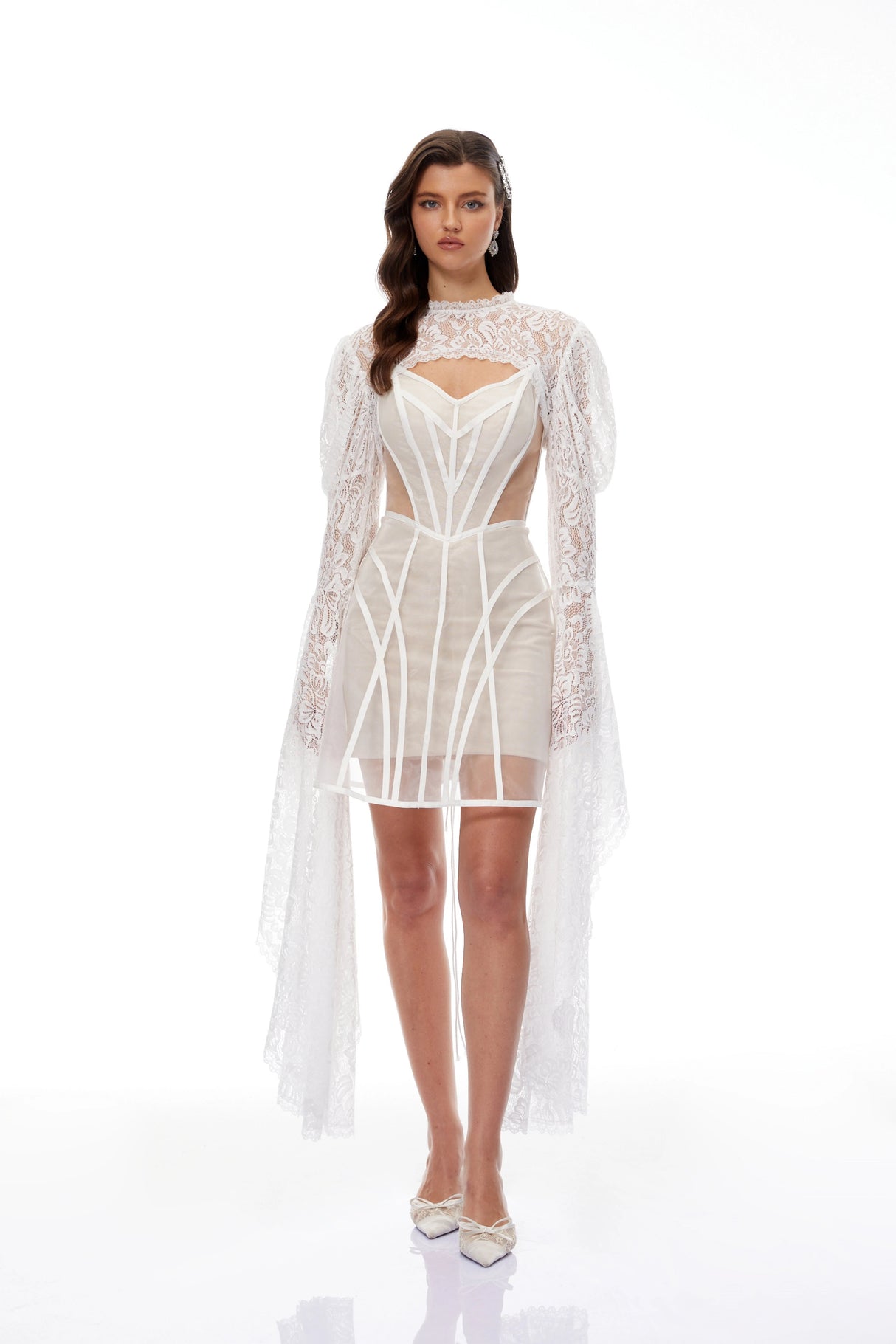 Ilaria White Lace Shrug  Linear Organza Dress Set