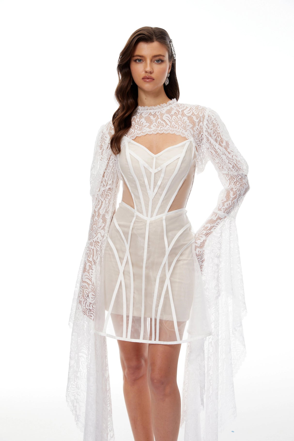 Ilaria White Lace Shrug  Linear Organza Dress Set