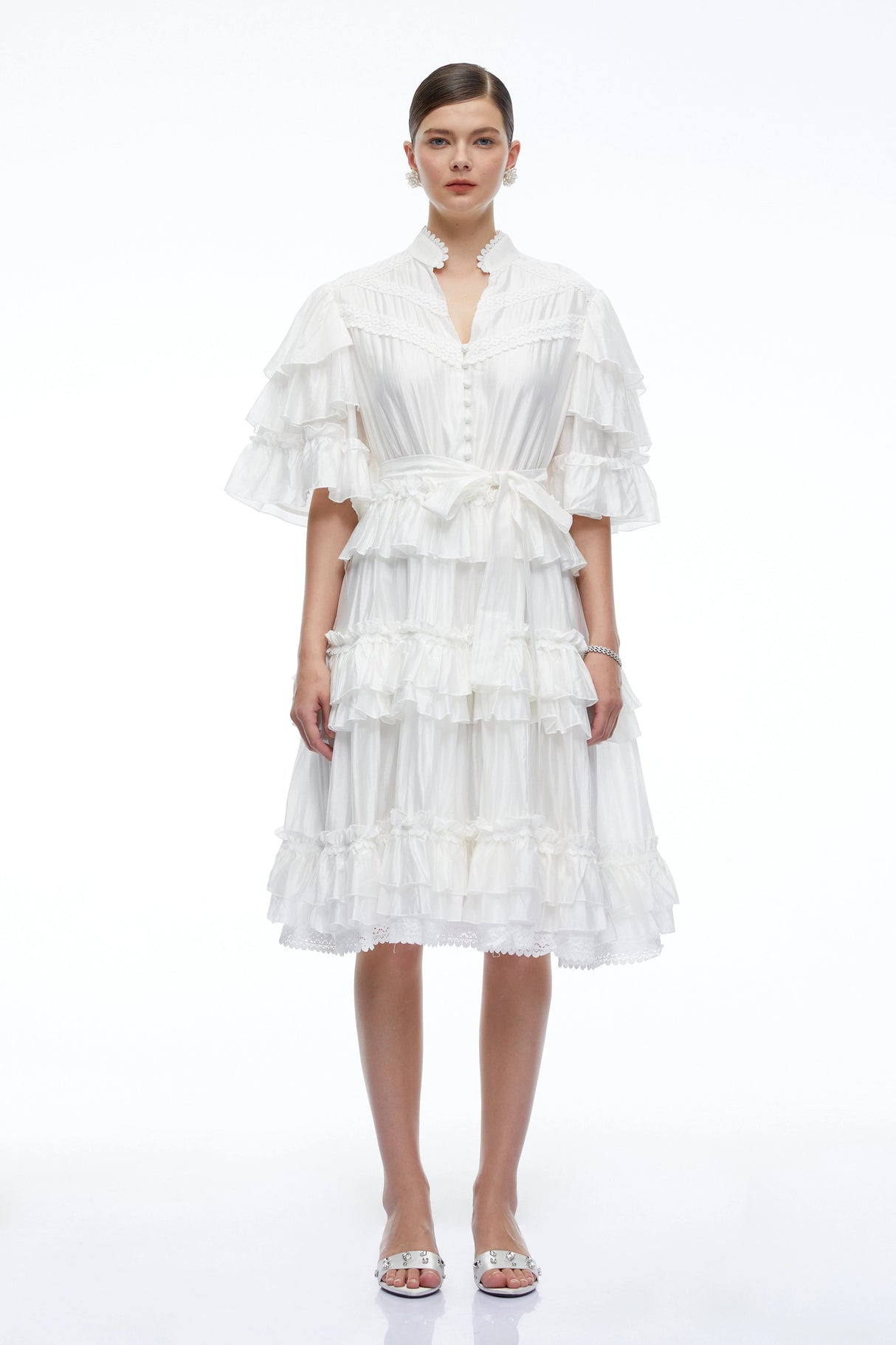 Ilaria White Tiered Short Sleeves Mini Dress