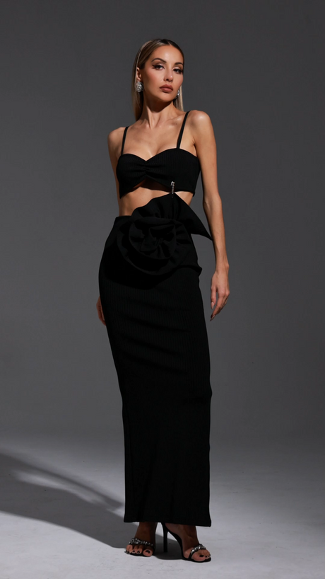 Iliana Black Hollow-Out Floral Accent Dress