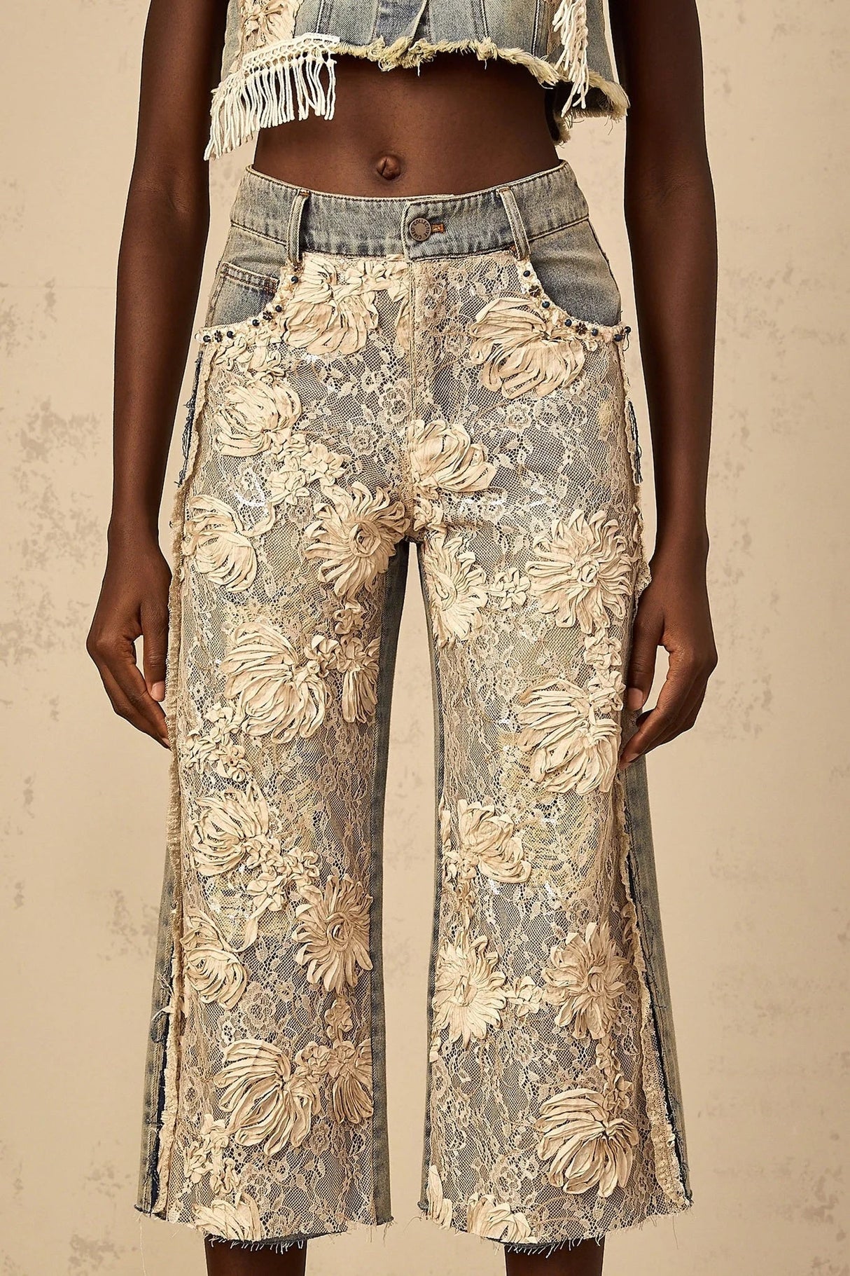Iliana Denim Jeans Blue & White Lace Panel Wide Leg